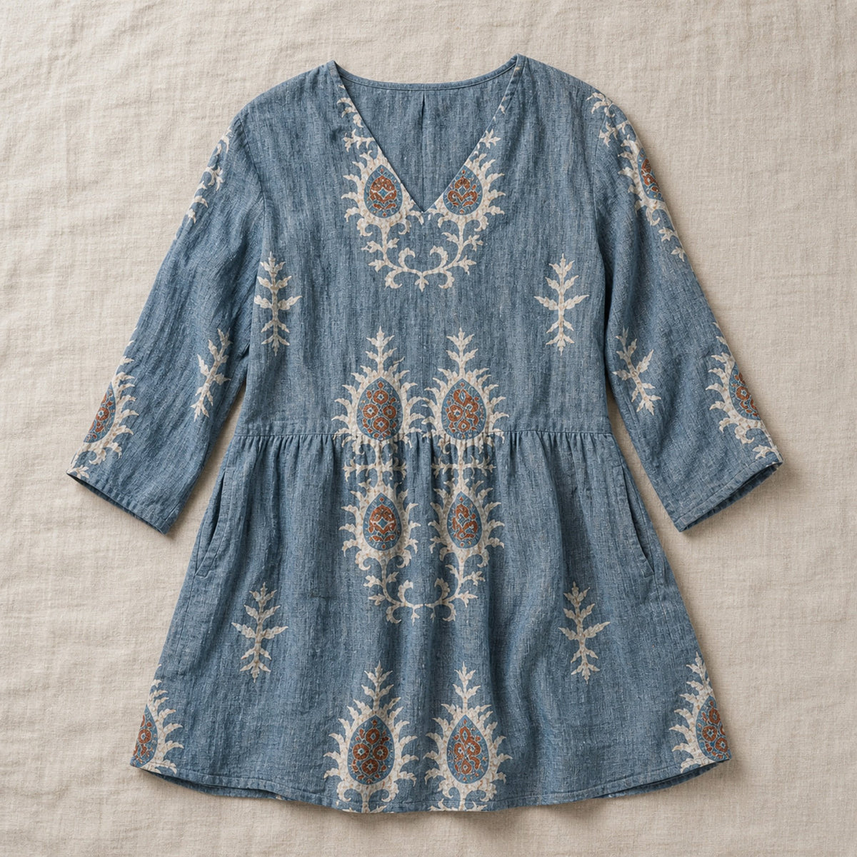 Elise | Long Blouse with V-Neck, Blue — flat lay