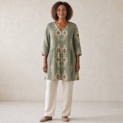 Elise | Long Blouse with V-Neck, Green — studio front