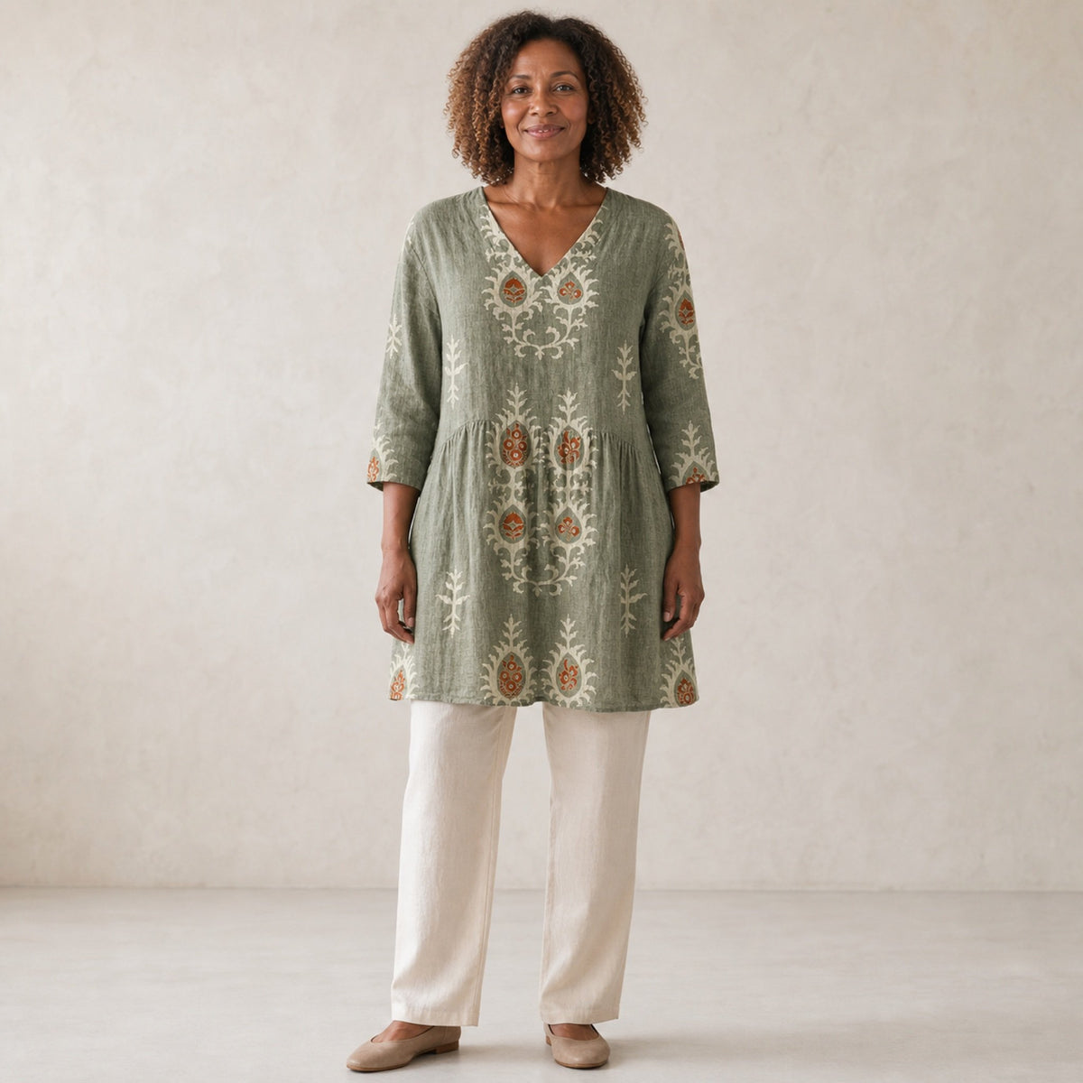 Elise | Long Blouse with V-Neck, Green — studio front