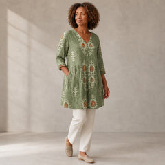 Elise | Long Blouse with V-Neck, Green — three quarter step