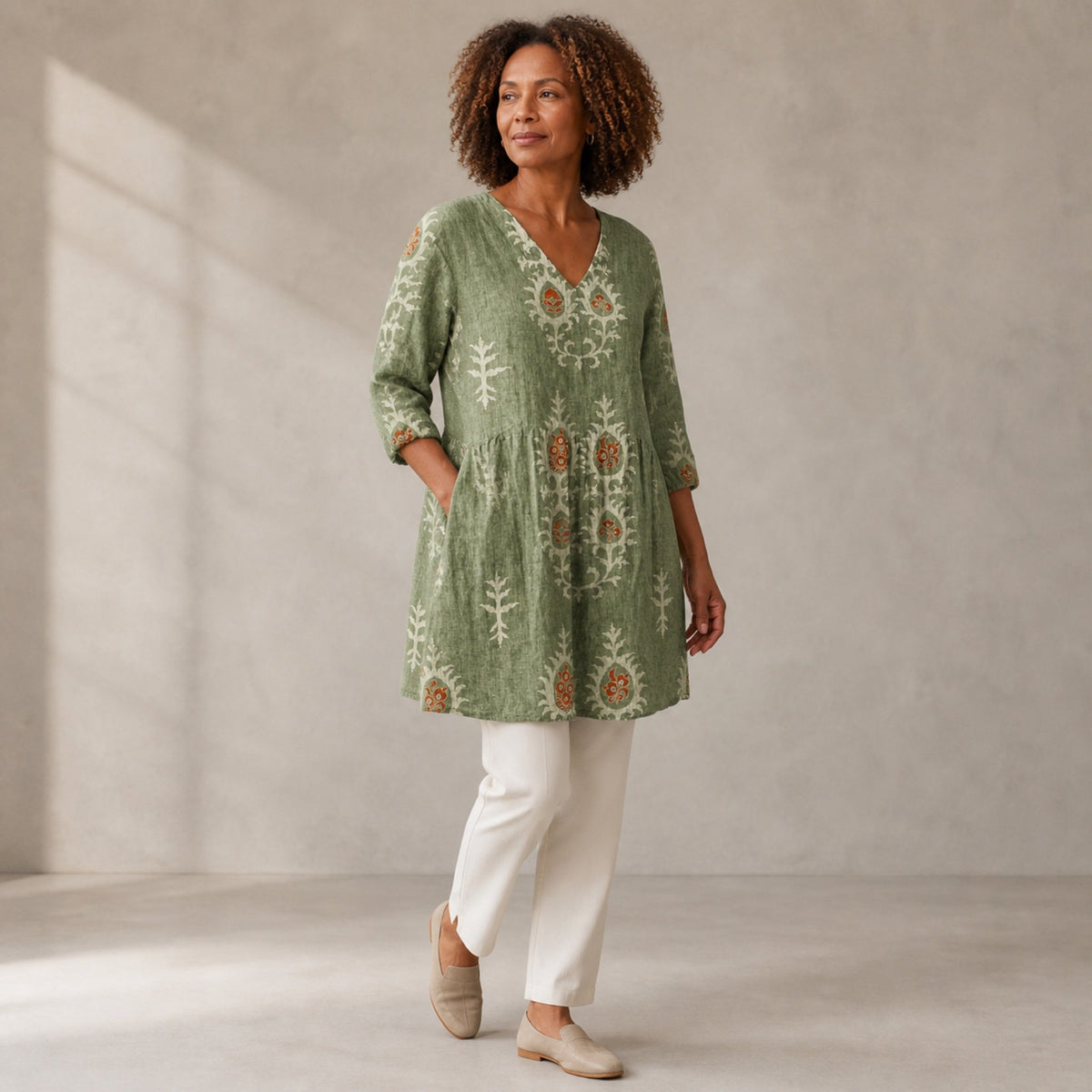 Elise | Long Blouse with V-Neck, Green — three quarter step