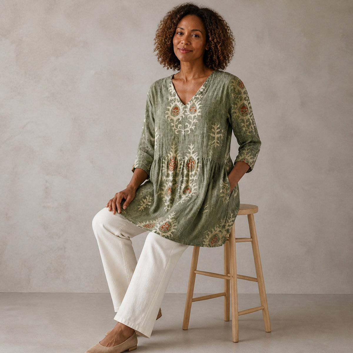 Elise | Long Blouse with V-Neck, Green — seated view