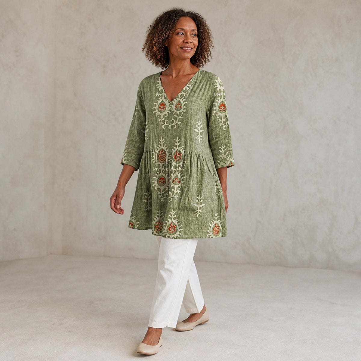 Elise | Long Blouse with V-Neck, Green — walking view