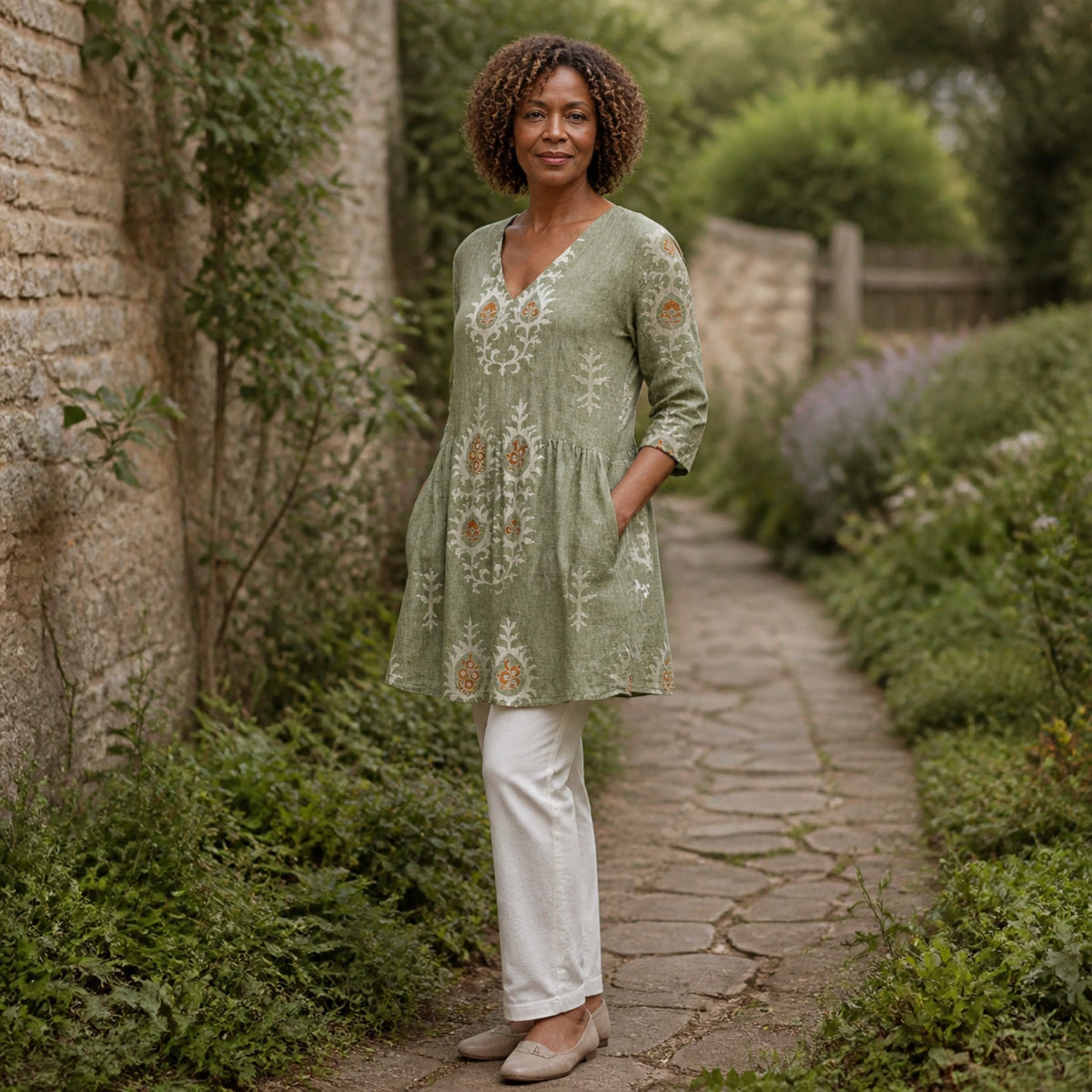 Elise | Long Blouse with V-Neck, Green — Cotswold lifestyle view