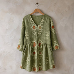 Elise | Long Blouse with V-Neck, Green — hanger view