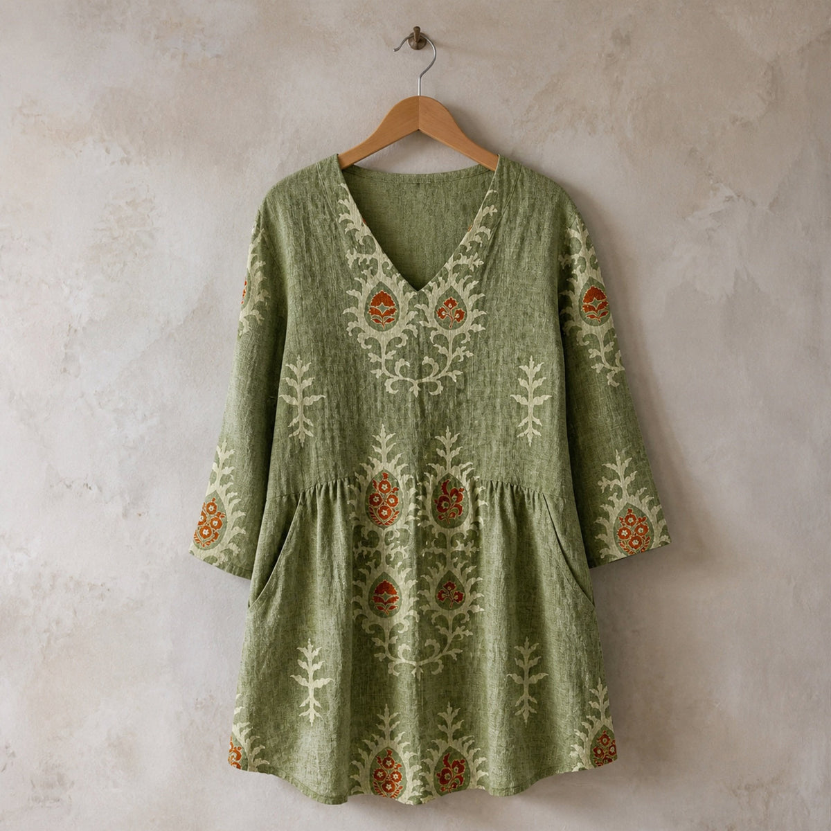 Elise | Long Blouse with V-Neck, Green — hanger view