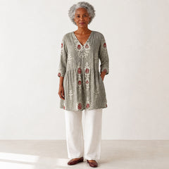 Elise | Long Blouse with V-Neck, Gray — studio front