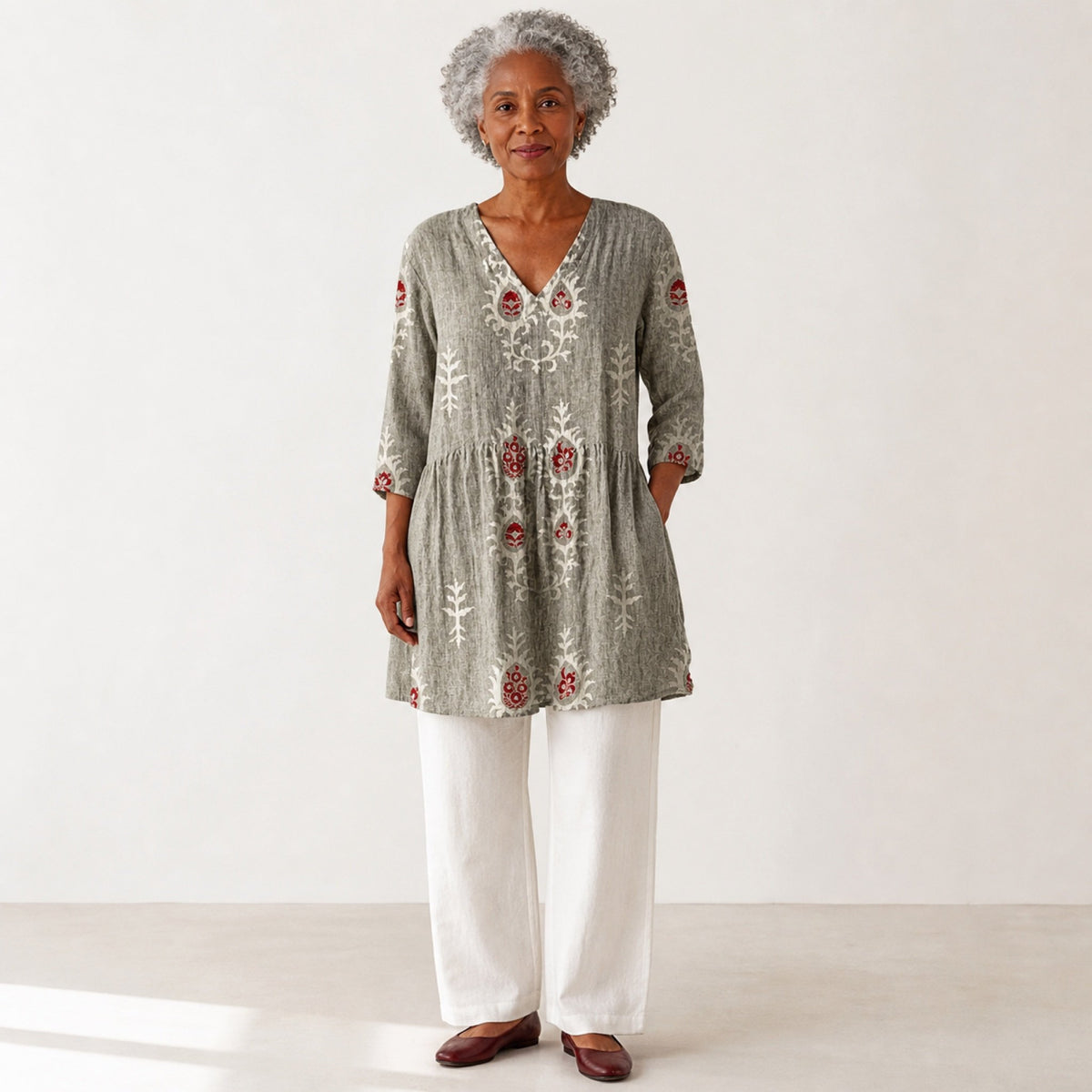 Elise | Long Blouse with V-Neck, Gray — studio front