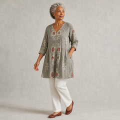 Elise | Long Blouse with V-Neck, Gray — three quarter step