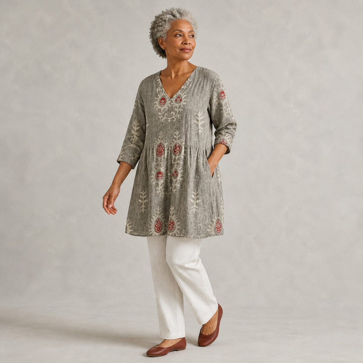Elise | Long Blouse with V-Neck, Gray — three quarter step