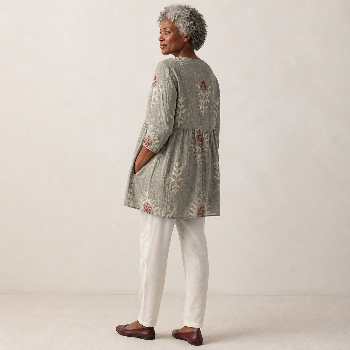 Elise | Long Blouse with V-Neck, Gray — rear side view