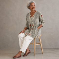 Elise | Long Blouse with V-Neck, Gray — seated view