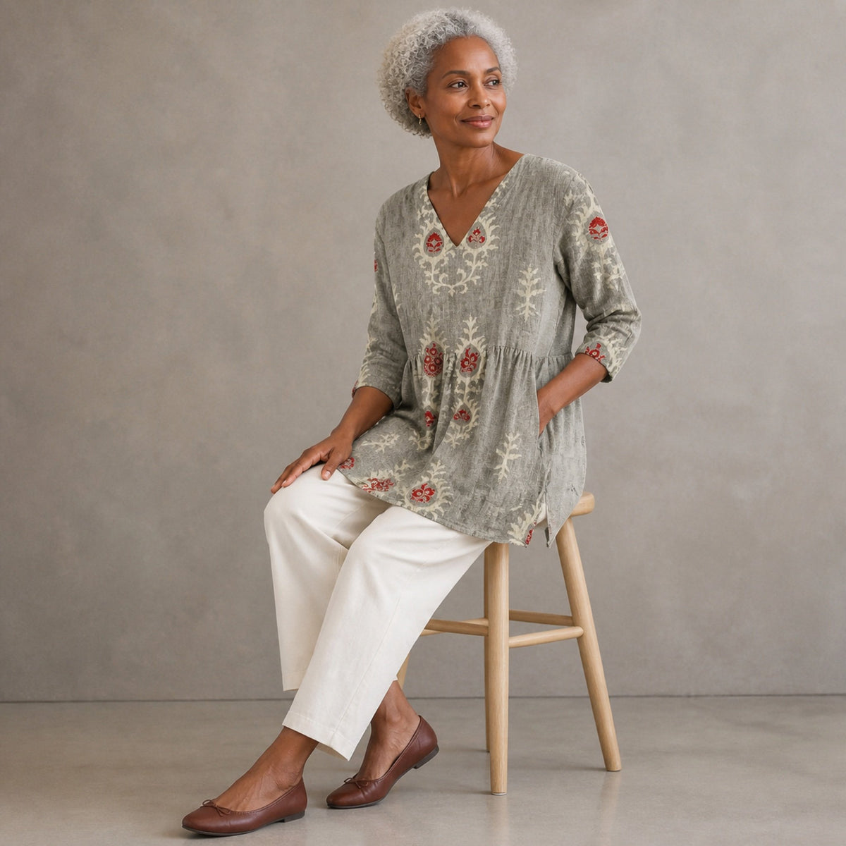 Elise | Long Blouse with V-Neck, Gray — seated view