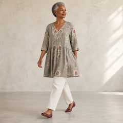 Elise | Long Blouse with V-Neck, Gray — walking view