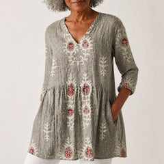 Elise | Long Blouse with V-Neck, Gray — neckline and pocket detail