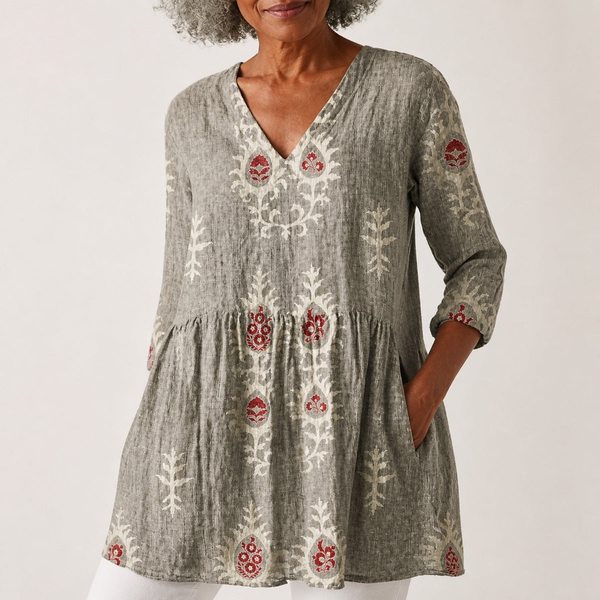 Elise | Long Blouse with V-Neck, Gray — neckline and pocket detail