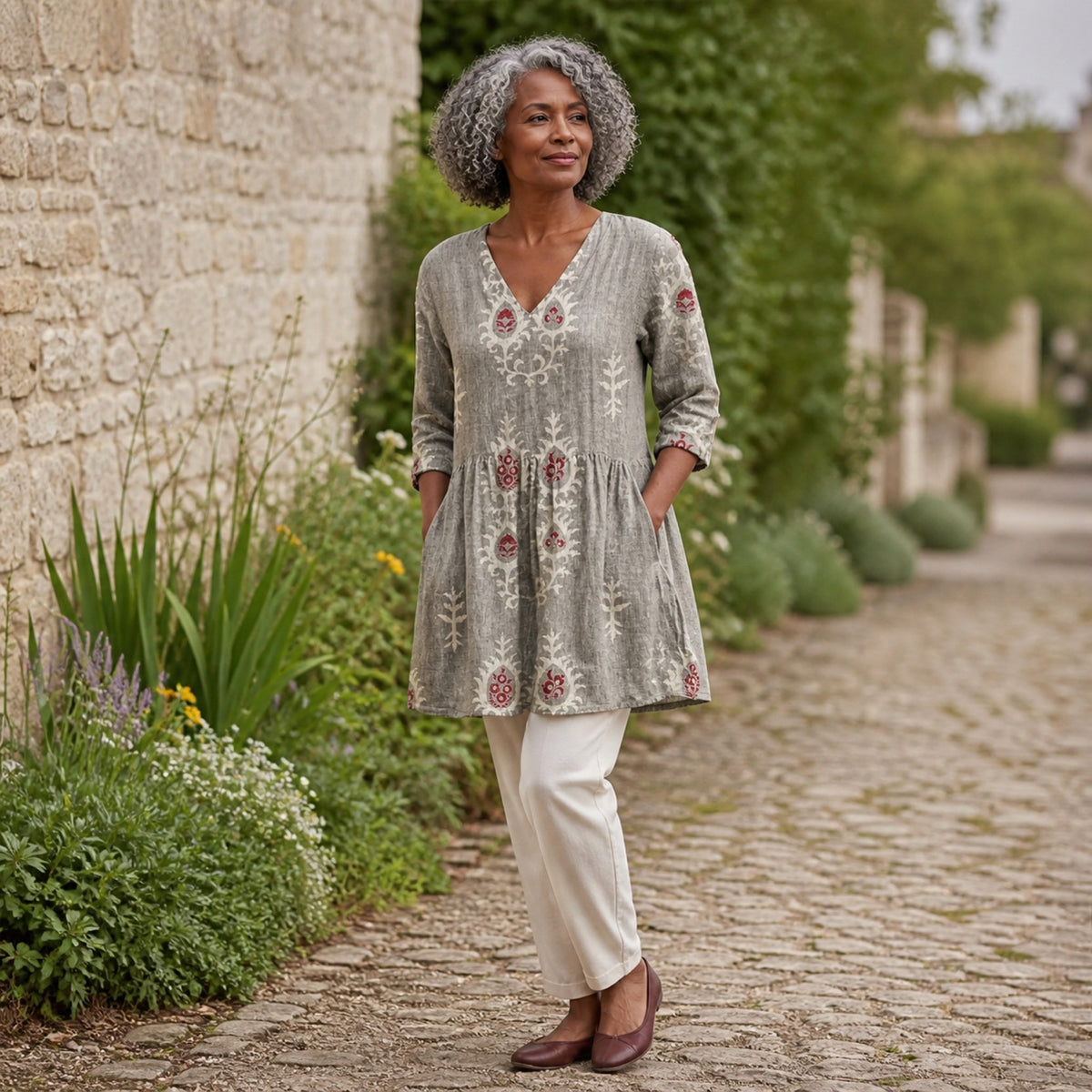 Elise | Long Blouse with V-Neck, Gray — Cotswold lifestyle view