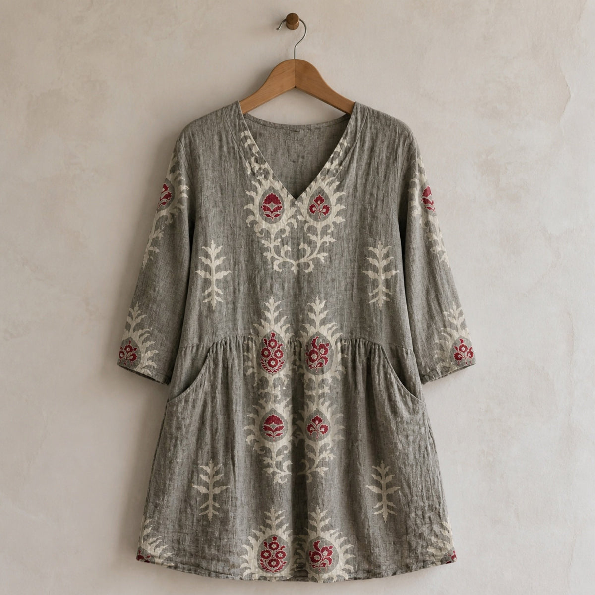 Elise | Long Blouse with V-Neck, Gray — hanger view