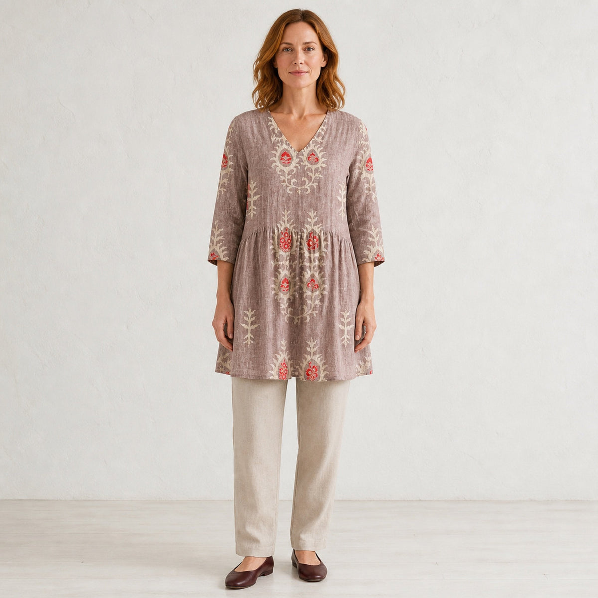 Elise | Long Blouse with V-Neck, Pink — studio front