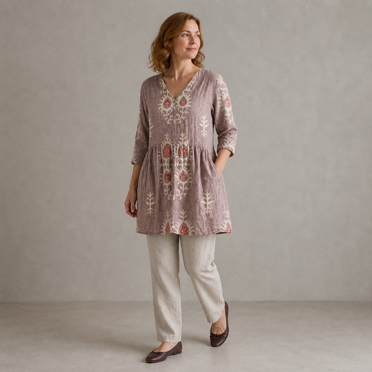 Elise | Long Blouse with V-Neck, Pink — three quarter step