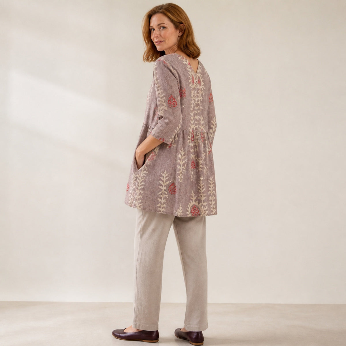 Elise | Long Blouse with V-Neck, Pink — rear side view