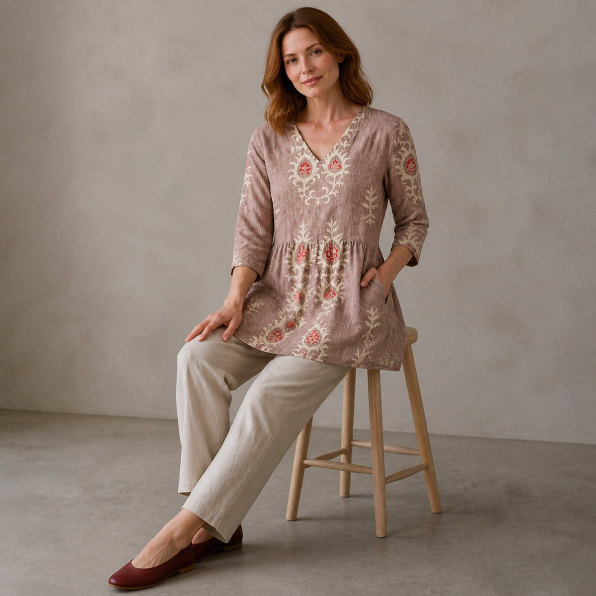 Elise | Long Blouse with V-Neck, Pink — seated view