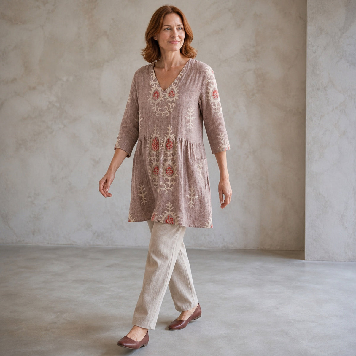 Elise | Long Blouse with V-Neck, Pink — walking view