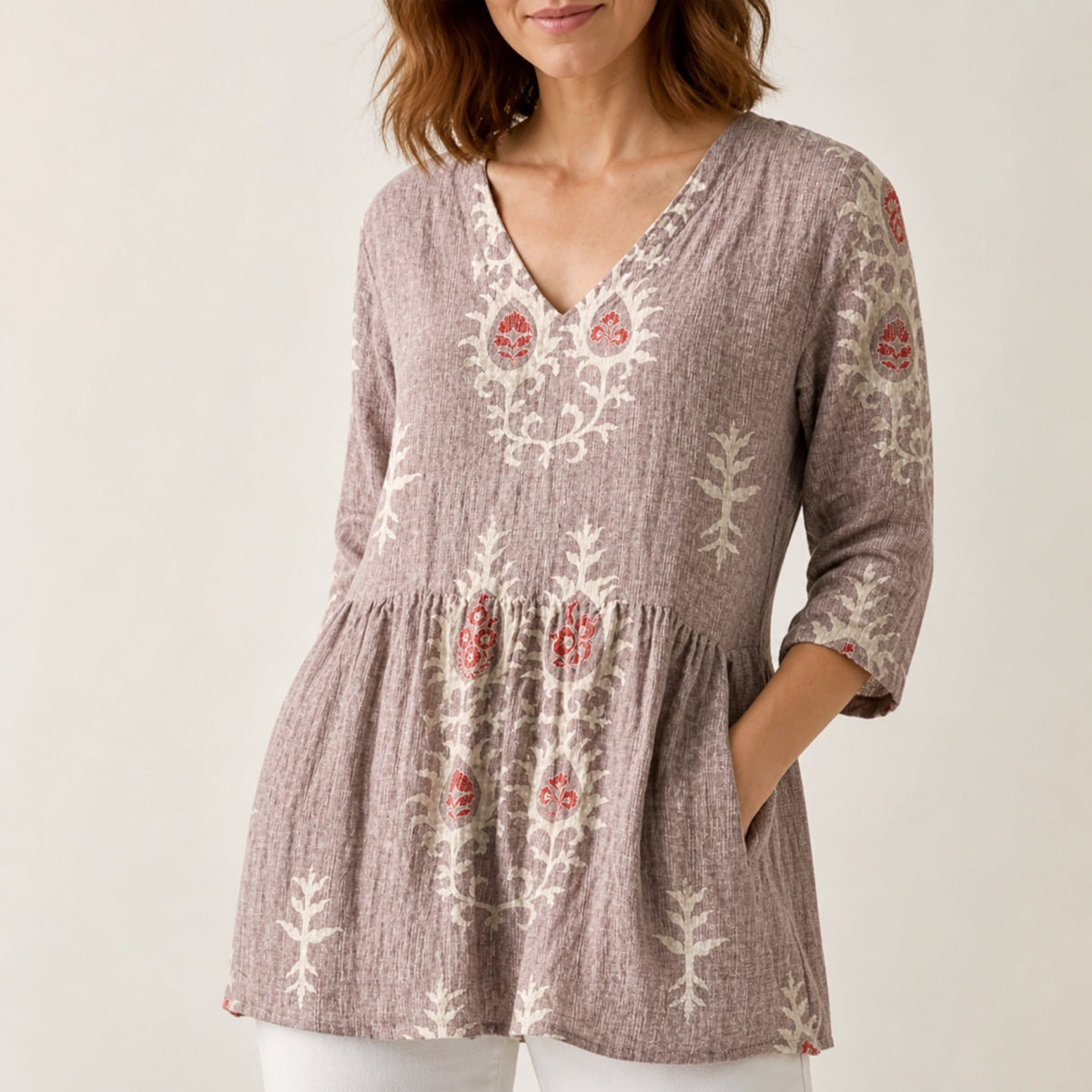 Elise | Long Blouse with V-Neck, Pink — neckline and pocket detail