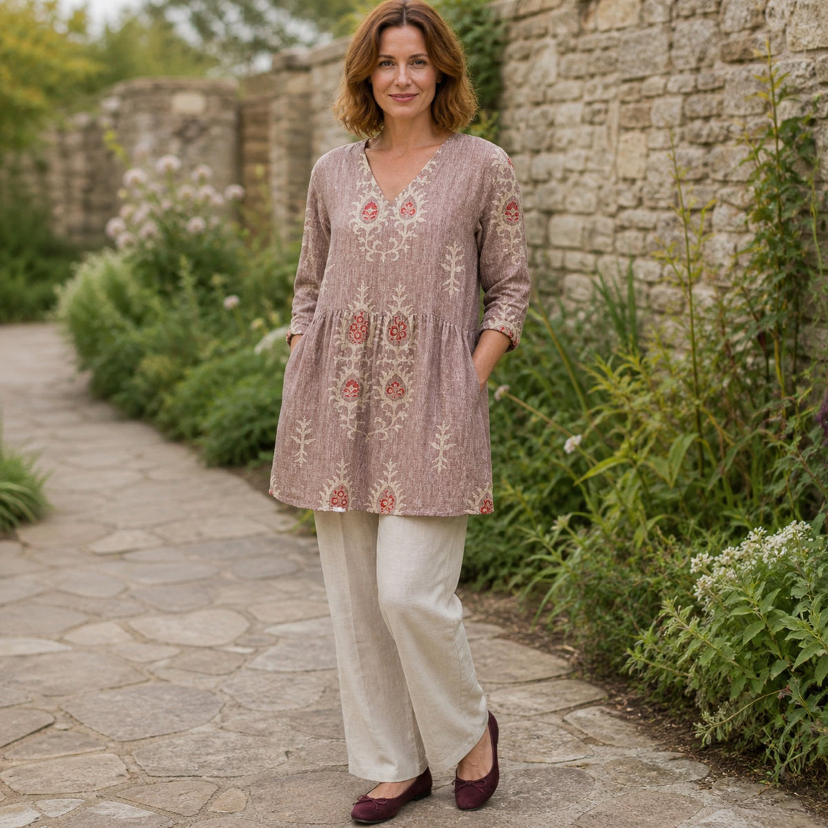 Elise | Long Blouse with V-Neck, Pink — Cotswold lifestyle view