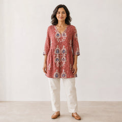 Elise | Long Blouse with V-Neck, Red — studio front