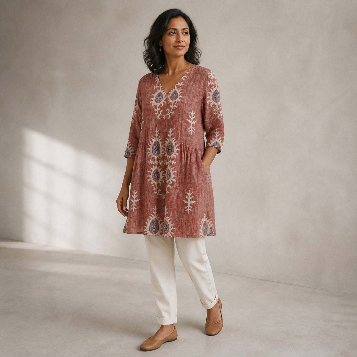Elise | Long Blouse with V-Neck, Red — three quarter step