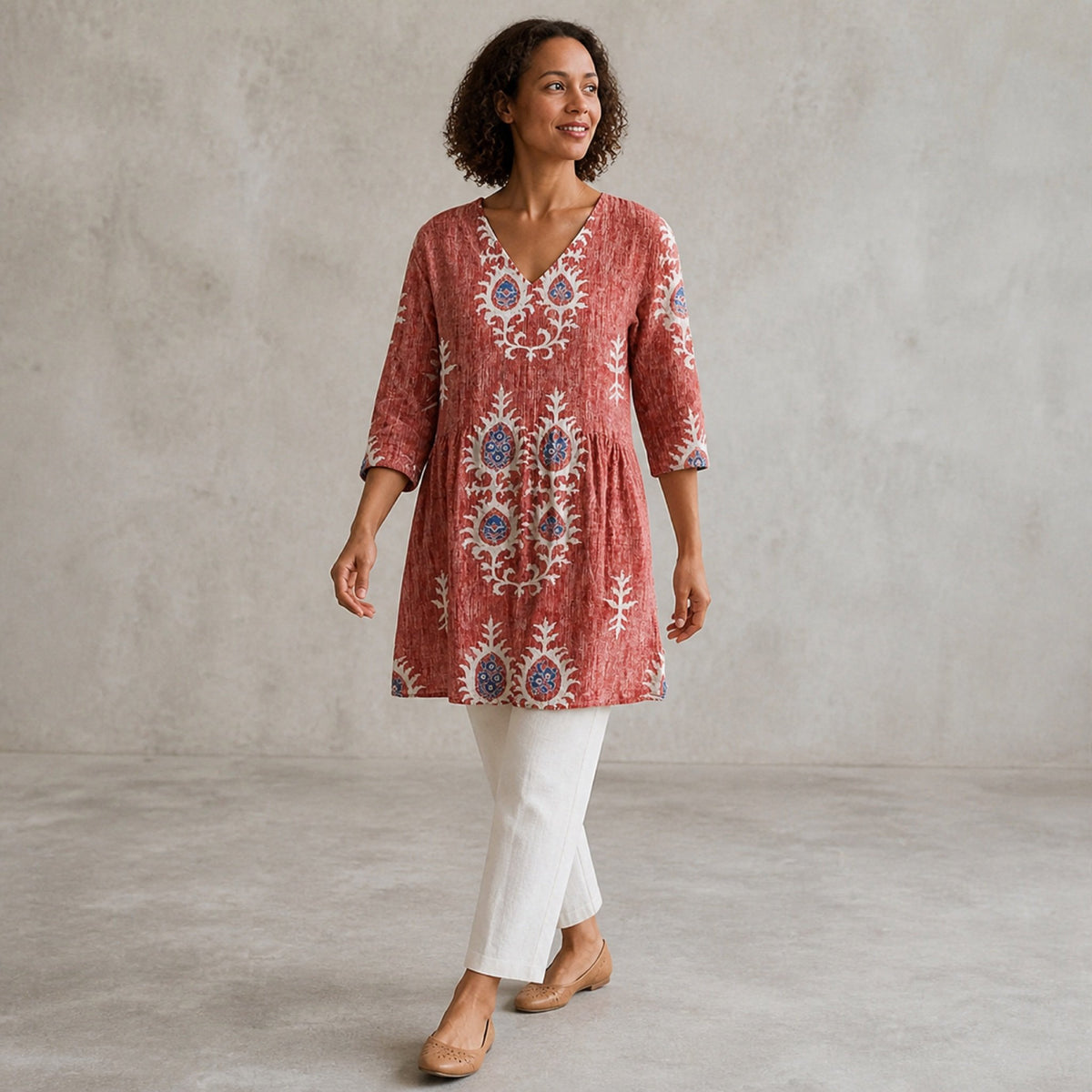 Elise | Long Blouse with V-Neck, Red — walking view