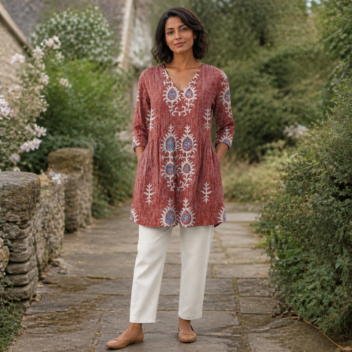 Elise | Long Blouse with V-Neck, Red — Cotswold lifestyle view