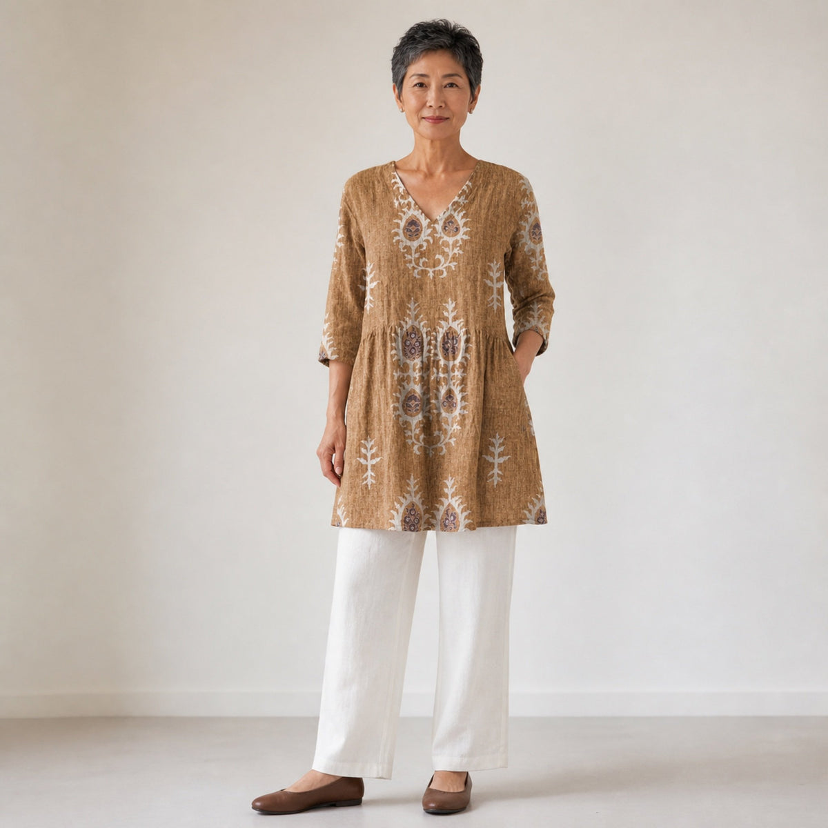 Elise | Long Blouse with V-Neck, Yellow — studio front
