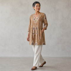 Elise | Long Blouse with V-Neck, Yellow — three quarter step