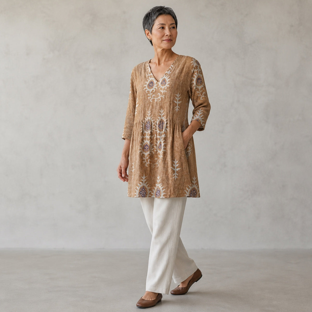 Elise | Long Blouse with V-Neck, Yellow — three quarter step