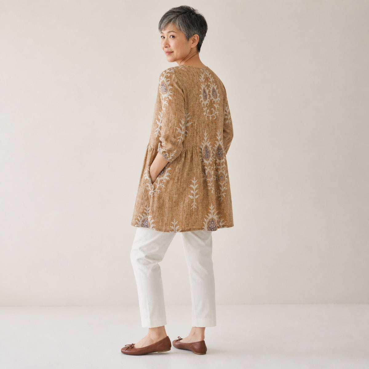 Elise | Long Blouse with V-Neck, Yellow — rear side view