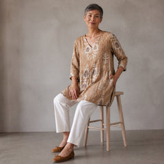 Elise | Long Blouse with V-Neck, Yellow — seated view