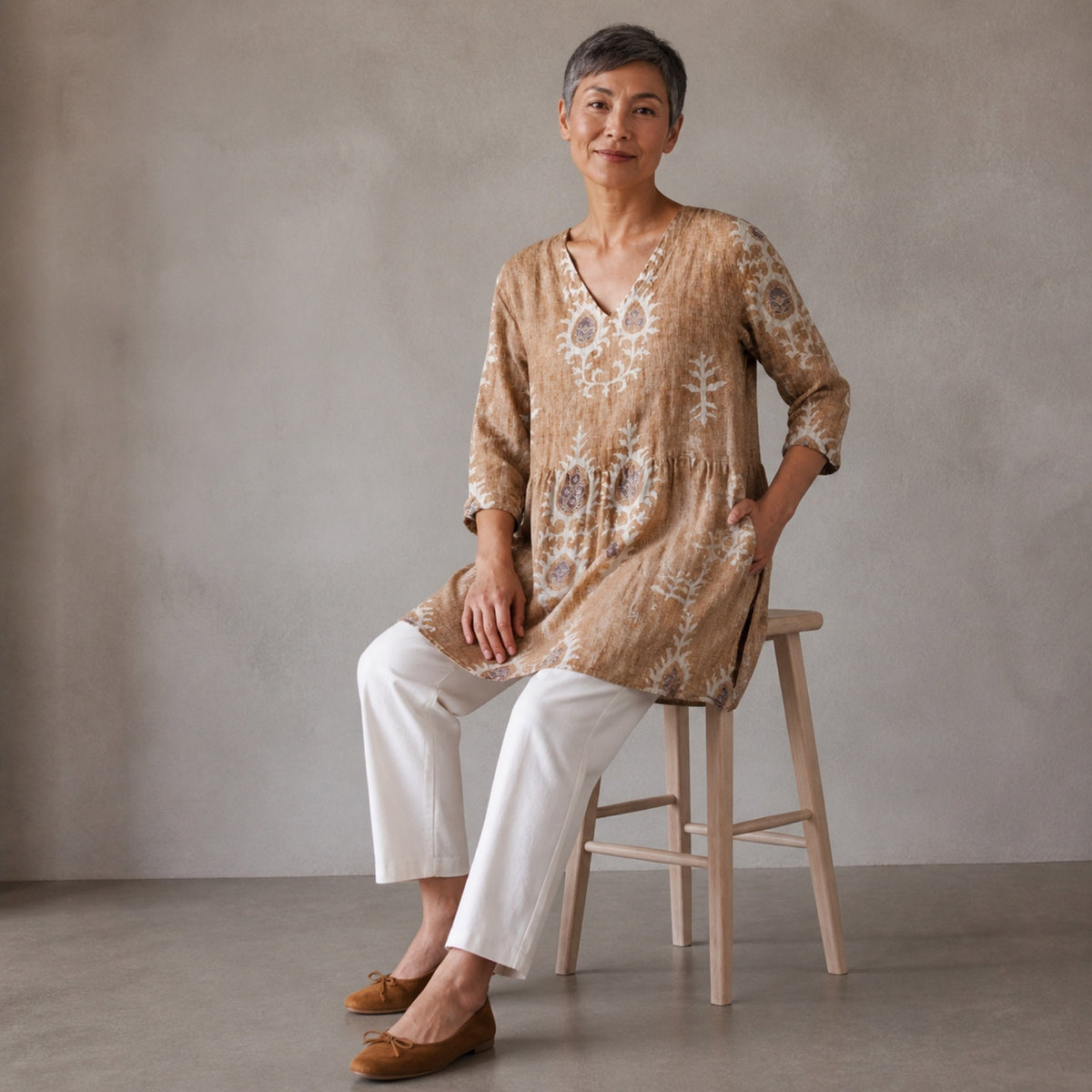 Elise | Long Blouse with V-Neck, Yellow — seated view