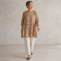 Elise | Long Blouse with V-Neck, Yellow — walking view