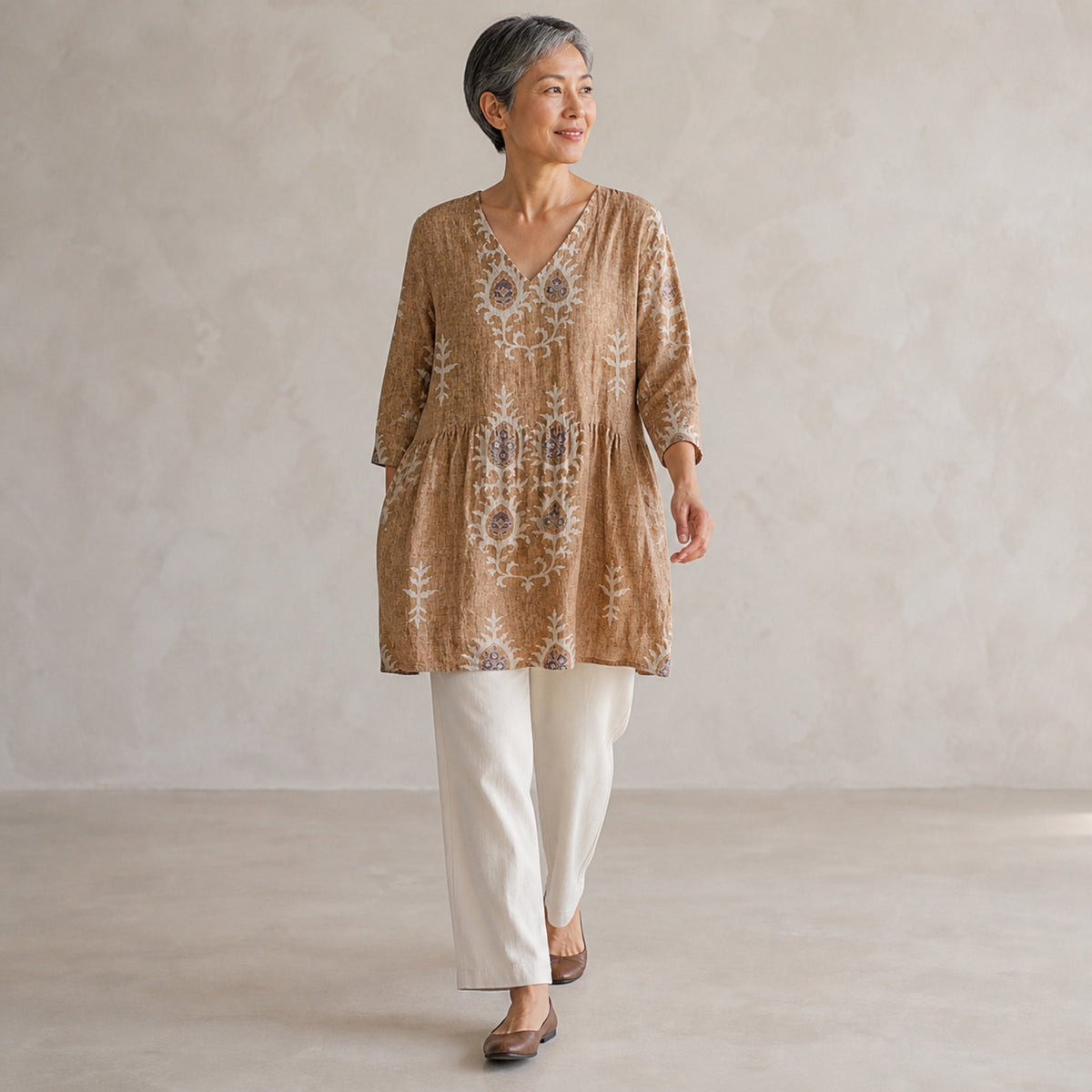 Elise | Long Blouse with V-Neck, Yellow — walking view