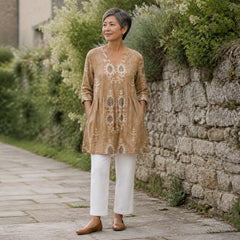 Elise | Long Blouse with V-Neck, Yellow — Cotswold lifestyle view