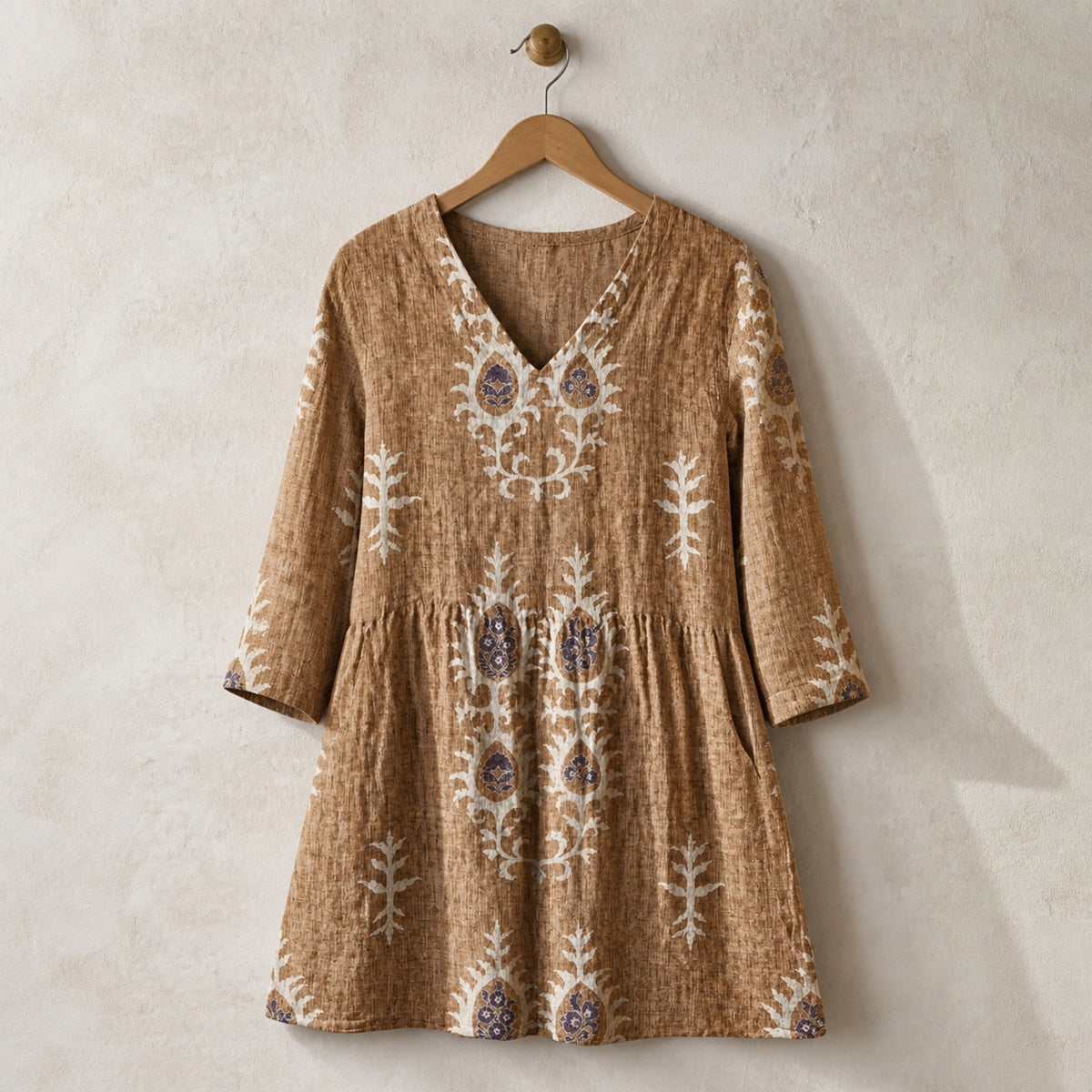 Elise | Long Blouse with V-Neck, Yellow — hanger view