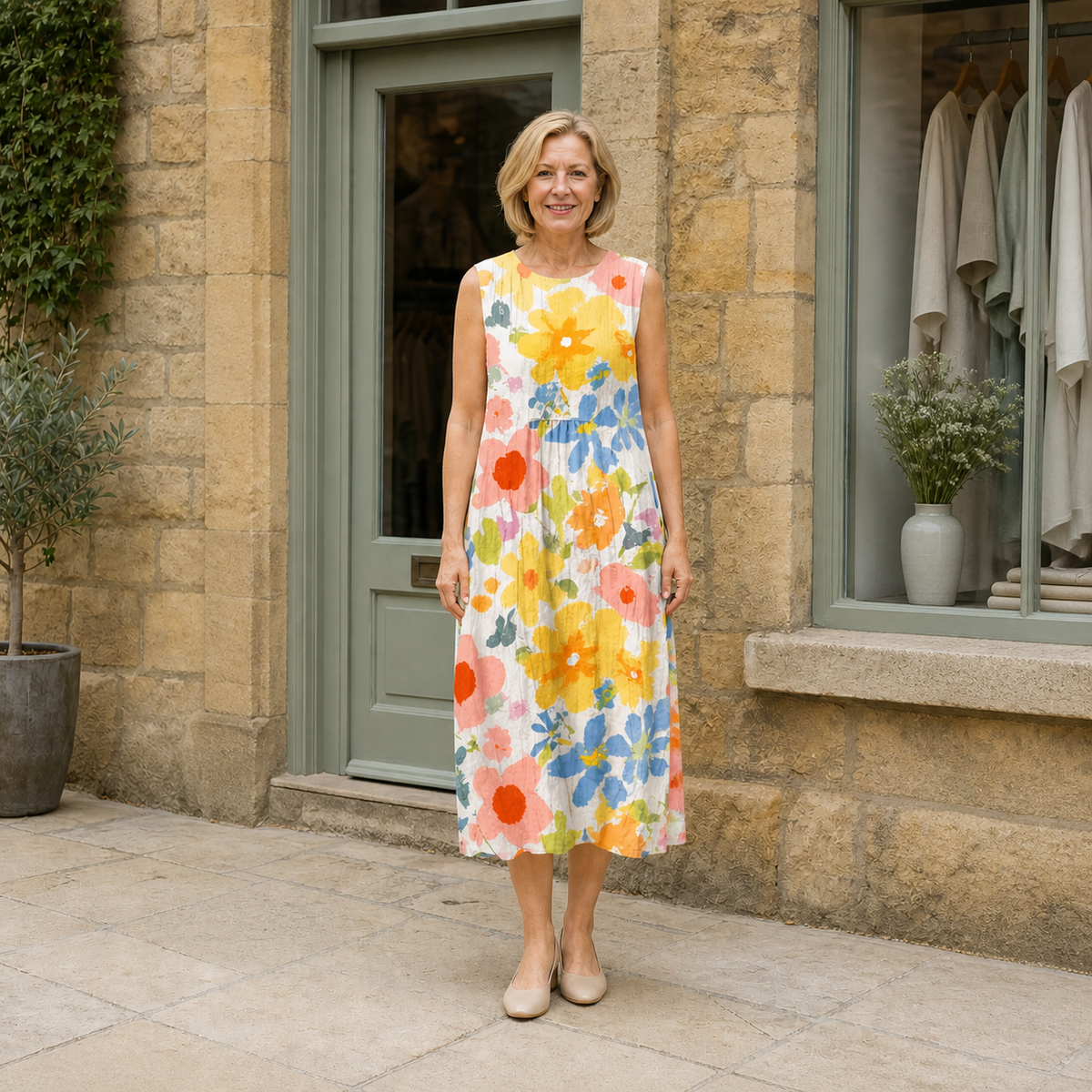 Helen models the white Ella midi dress with yellow, blue, coral, pink and green pastel florals in a front full-body view outside a pale-stone Cotswold boutique.