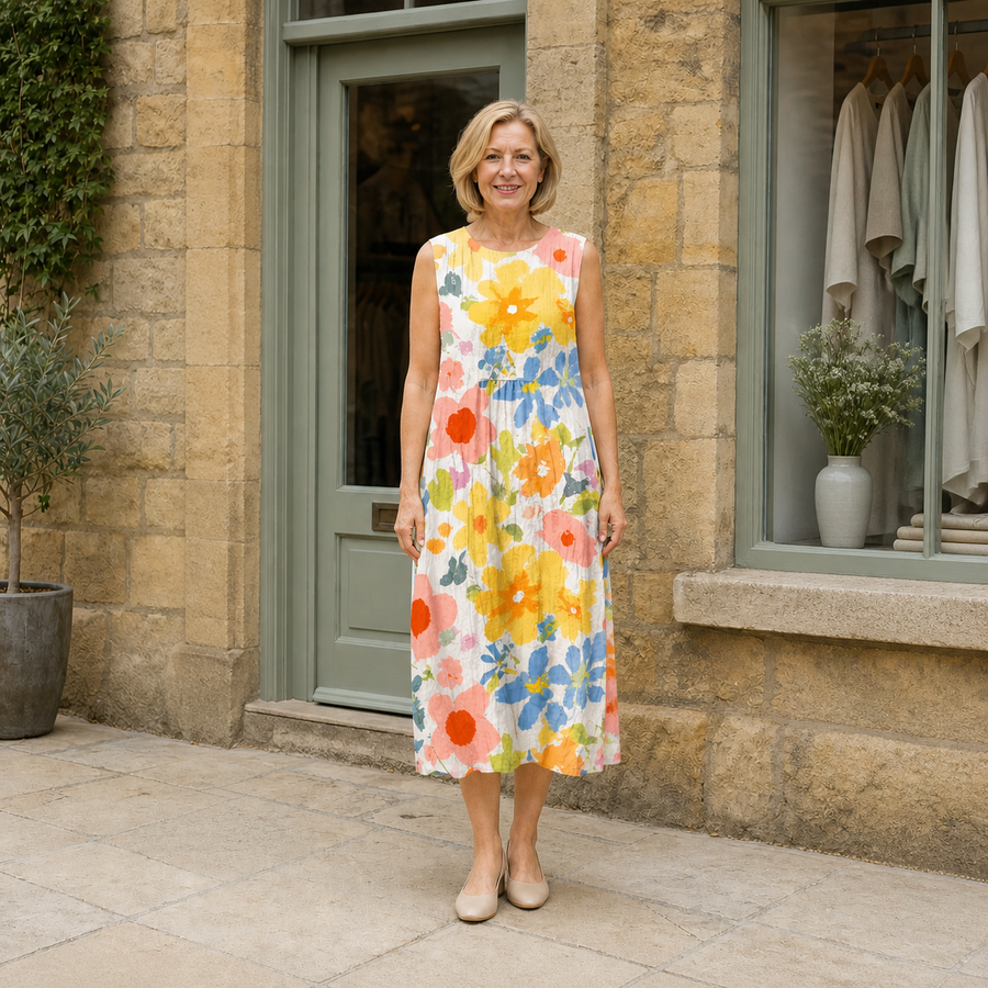 Helen models the white Ella midi dress with yellow, blue, coral, pink and green pastel florals in a front full-body view outside a pale-stone Cotswold boutique.