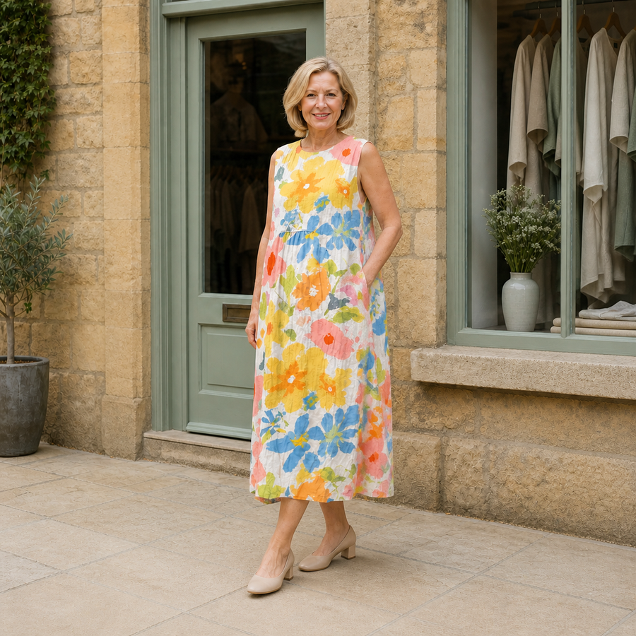 Helen models the white Ella midi dress with yellow, blue, coral, pink and green pastel florals in a slight three-quarter full-body view outside a pale-stone Cotswold boutique.