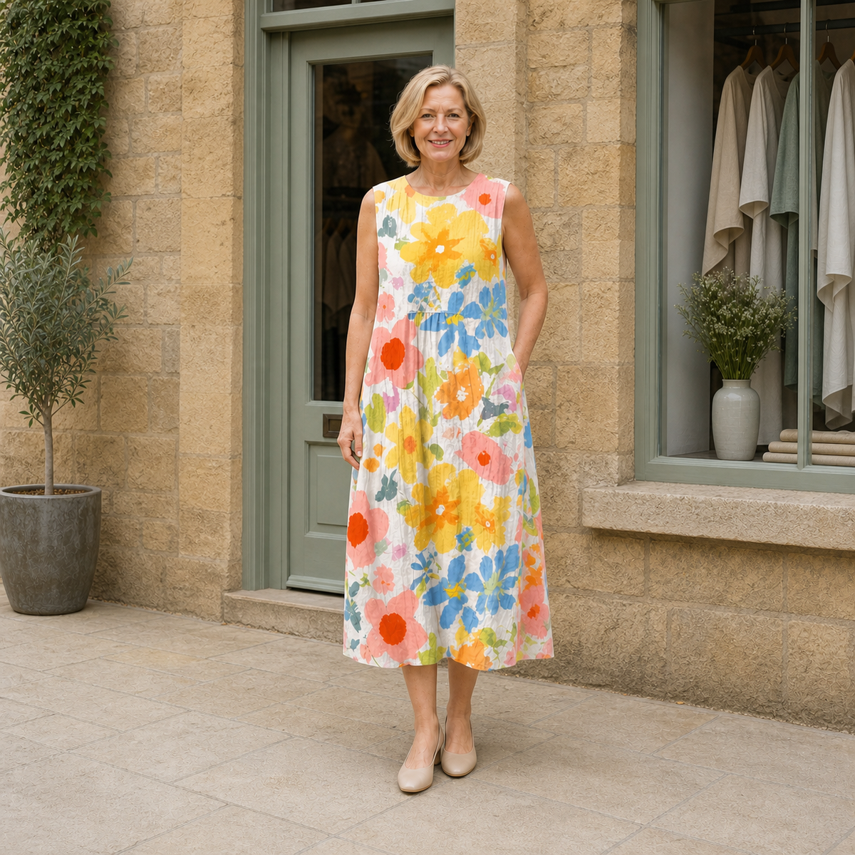 Helen models the white Ella midi dress with yellow, blue, coral, pink and green pastel florals in a contextual full-body view outside a pale-stone Cotswold boutique.