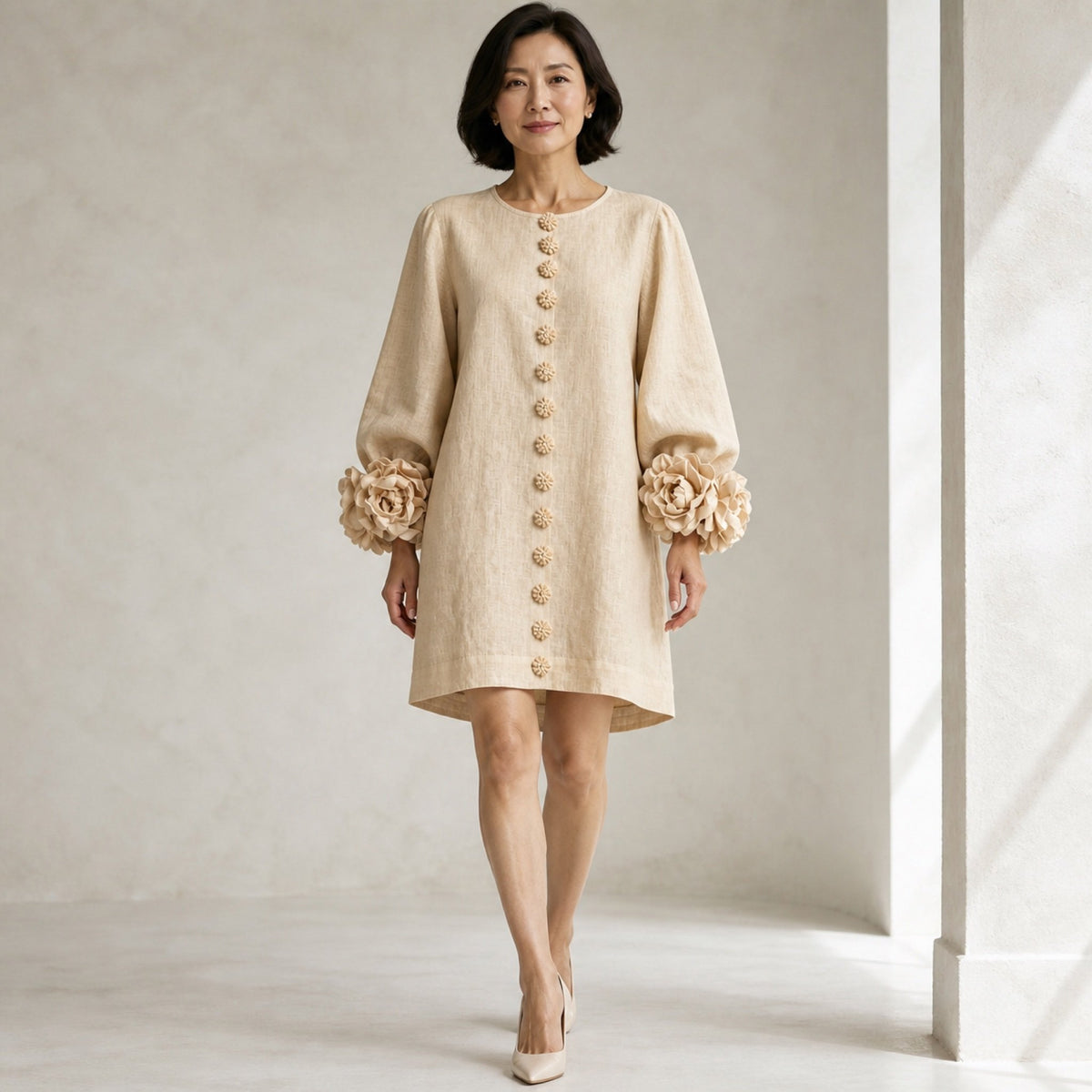 The Elowen | Floral-Cuff Mini Dress, Beige — studio front step