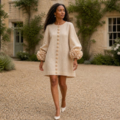The Elowen | Floral-Cuff Mini Dress, Beige — outdoor movement