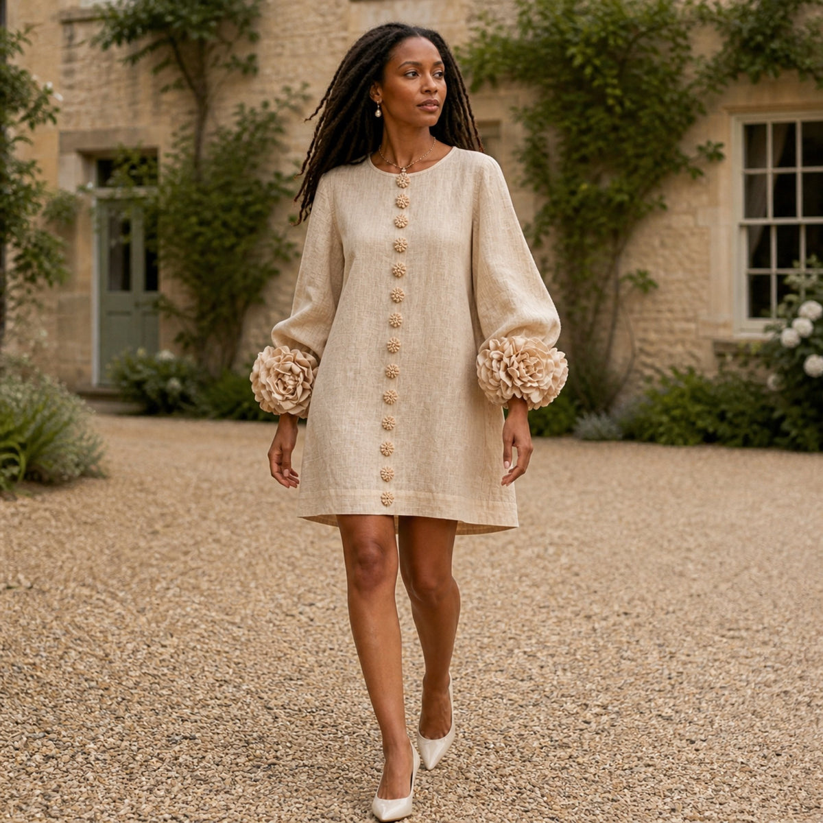 The Elowen | Floral-Cuff Mini Dress, Beige — outdoor movement
